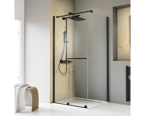 Porte de douche avec paroi latérale SCHULTE ExpressPlus TouraPlus 120 x 80 cm couleur de profilé noir verre transparent avec revêtement de vitrage résistant à la saleté