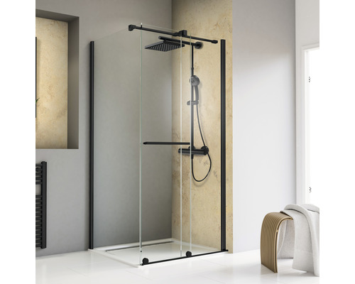 Porte de douche avec paroi latérale SCHULTE ExpressPlus TouraPlus 80 x 120 cm couleur de profilé noir verre transparent avec revêtement de vitrage résistant à la saleté