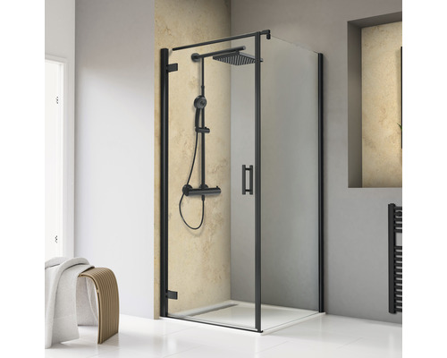 Duschtür mit Seitenwand SCHULTE TouraPlus 80 x 80 cm Profilfarbe schwarz Klarglas mit Schmutzabweisende Glasbeschichtung