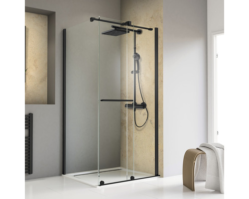Porte de douche avec paroi latérale SCHULTE ExpressPlus TouraPlus 90 x 120 cm couleur de profilé noir verre transparent avec revêtement de vitrage résistant à la saleté
