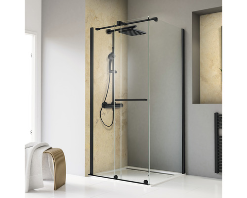 Duschtür mit Seitenwand SCHULTE TouraPlus 120 x 90 cm Profilfarbe schwarz Klarglas mit Schmutzabweisende Glasbeschichtung