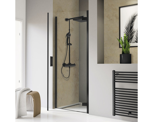 Porte de douche dans une niche SCHULTE ExpressPlus TouraPlus 90 cm couleur de profilé noir verre transparent avec revêtement de vitrage résistant à la saleté