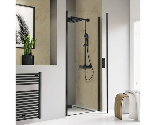 Porte de douche dans une niche SCHULTE ExpressPlus TouraPlus 100 cm couleur de profilé noir verre transparent avec revêtement de vitrage résistant à la saleté