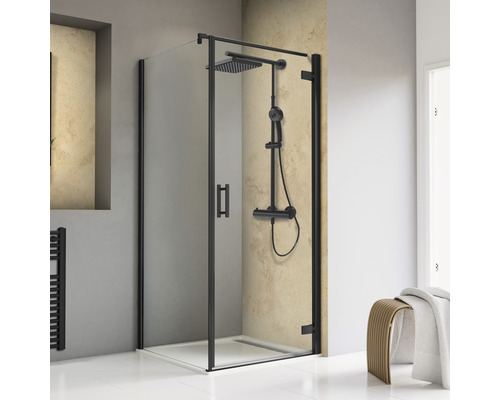Duschtür mit Seitenwand SCHULTE TouraPlus 90 x 90 cm Profilfarbe schwarz Klarglas mit Schmutzabweisende Glasbeschichtung