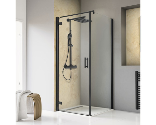 Porte de douche avec paroi latérale SCHULTE ExpressPlus TouraPlus 90 x 90 cm couleur de profilé noir verre transparent avec revêtement de vitrage résistant à la saleté