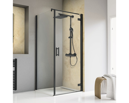 Porte de douche avec paroi latérale SCHULTE ExpressPlus TouraPlus 100 x 100 cm couleur de profilé noir verre transparent avec revêtement de vitrage résistant à la saleté