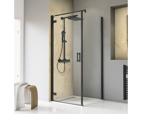 Duschtür mit Seitenwand SCHULTE TouraPlus 100 x 100 cm Profilfarbe schwarz Klarglas mit Schmutzabweisende Glasbeschichtung