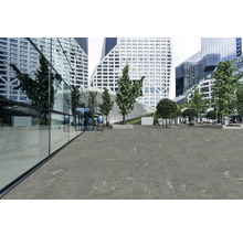 Extérieur avec des carreaux de sol devant des immeubles de bureaux modernes et des arbres