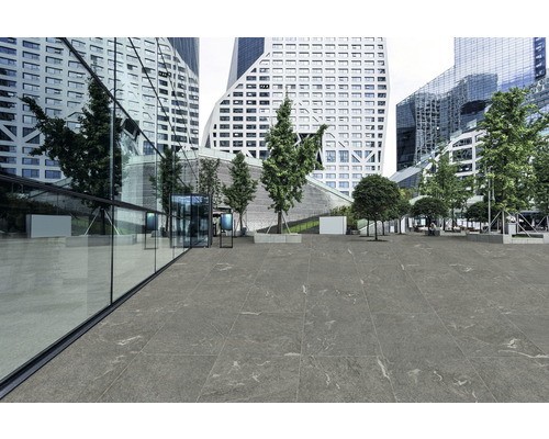 Extérieur avec des carreaux de sol devant des immeubles de bureaux modernes et des arbres