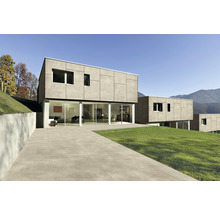 Maison moderne avec dalles de terrasse et pelouse