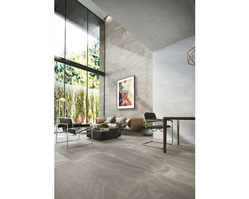 Espace de vie lumineux avec des carreaux de grand format, un coin salon et des plantes d''intérieur pour une ambiance moderne.