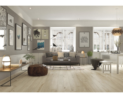 Wohnzimmer mit Sofa, Couchtisch, Teppich und Holzboden