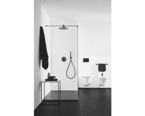 Modernes Badezimmer mit Dusche, Waschbecken und Toilette in Schwarz und Weiss gehalten