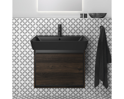 Combinaison de meuble-lavabo de salle de bain avec structure en bois foncé et vasque à poser noire