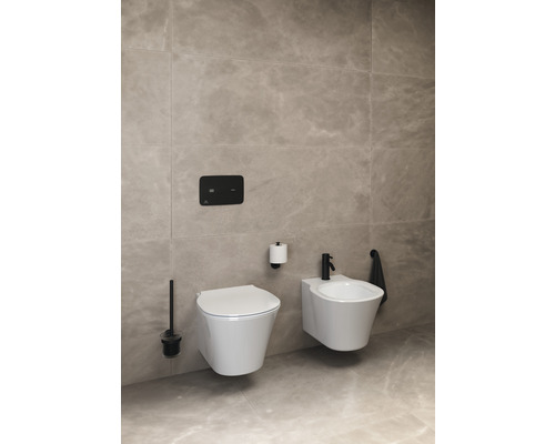 Salle de bains moderne avec WC suspendu et bidet, plaque de commande et porte-papier toilette
