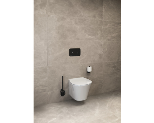 WC suspendu avec plaque de commande, porte-papier toilette et brosse de toilette dans une salle de bain.
