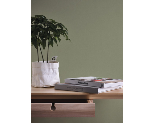 Dekoratives Zimmer mit Topfpflanze, Büchern und Holzschreibtisch
