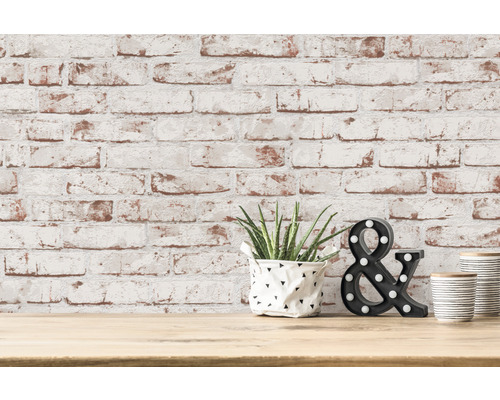 Scène décorative avec plante, esperluette et récipient rayé devant un mur de briques