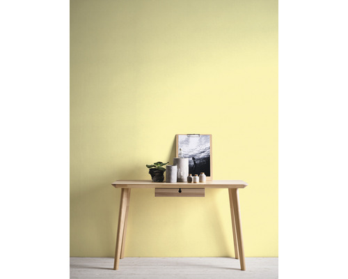 Pièce claire avec table en bois, plante et décoration devant un mur jaune