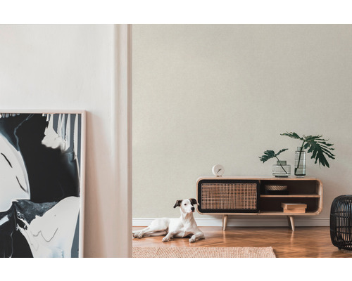 Pièce claire avec papier peint à motifs, commode en bois et un chien