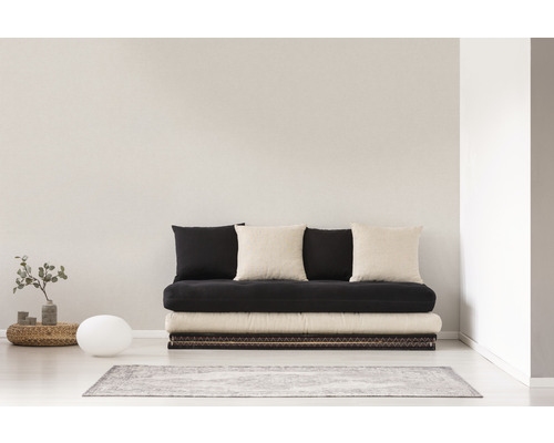 Salon avec futon, coussins et décoration