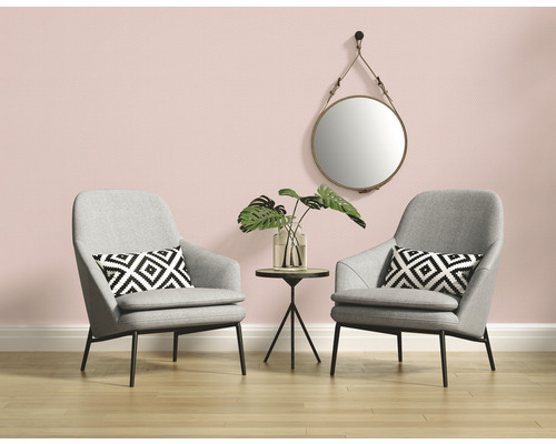 Salon avec deux fauteuils, petite table, plante d''intérieur et miroir rond