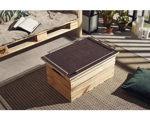 Coffre en bois utilisé comme table basse avec plateau et poignées en métal dans le salon.