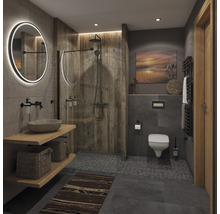Badezimmer mit Dusche, Waschbecken, Spiegel und Toilette in modernem Design