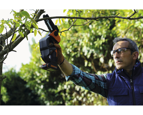 Une personne utilise une tronçonneuse à batterie pour élaguer un arbre.
