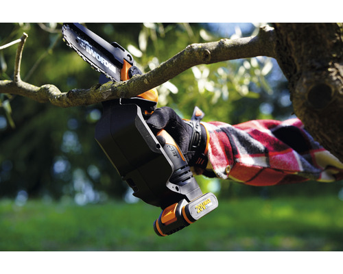 Élagueuse à batterie en cours d''utilisation pour couper une branche