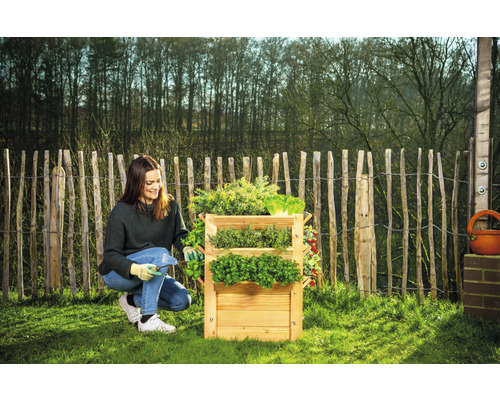 Femme travaillant sur un carré d''herbes aromatiques en bois à trois niveaux dans le jardin