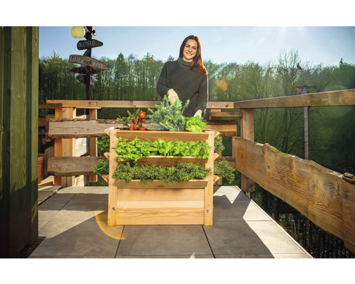 Frau mit Holz Pflanzkasten mit drei Ebenen und verschiedenen Gemüsesorten auf einem Balkon.