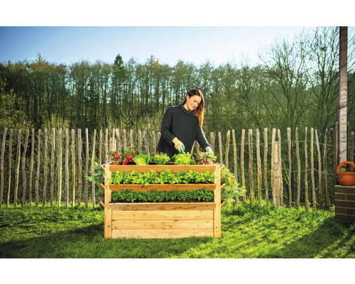 Une femme jardine dans un potager surélevé à trois niveaux avec différents légumes dans le jardin.