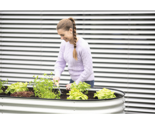 Femme travaillant dans un jardin surélevé avec de la laitue et des herbes aromatiques