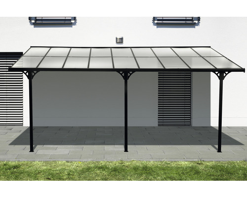 Auvent avec toit transparent et poteaux noirs