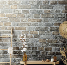 Wohnraum mit Mauerwerk Optik Tapete, Leiter und Dekorationen