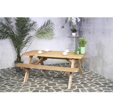 Ensemble de table de pique-nique en bois avec quatre tasses, entouré de plantes.