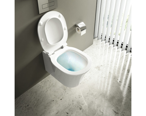 WC suspendu à fond creux avec bride ouverte et siège de WC avec couvercle ouvert