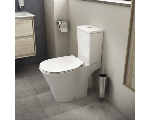 WC sur pied blanc avec réservoir et brosse de toilette dans une salle de bain