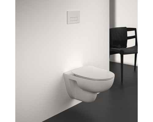 WC suspendu avec plaque de commande dans une salle de bains.