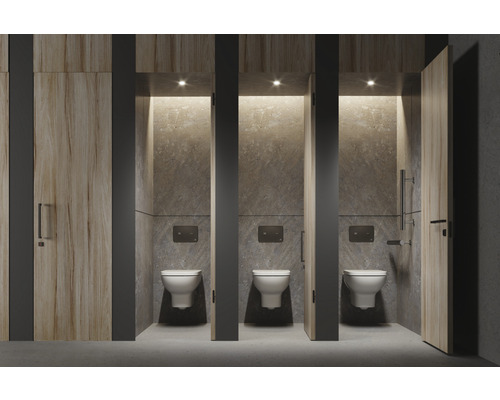 Öffentliche Toilettenanlage mit Toilettenkabinen und grauen Trennwänden