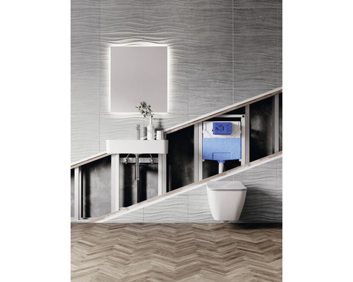 Salle de bains moderne avec lavabo, armoire de toilette, bâti-support et WC suspendu.