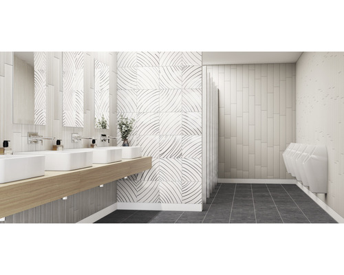 Salle d''eau publique avec lavabos, miroirs, motif de carreaux et urinoirs