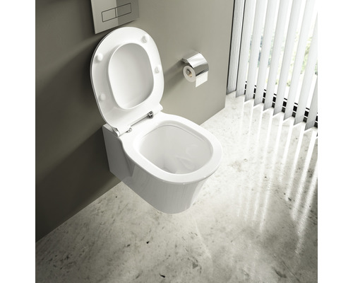 WC suspendu à fond creux avec bride ouverte et abattant WC