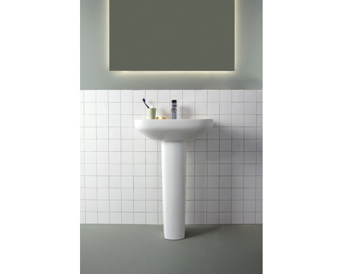 Lavabo avec colonne dans une salle de bain avec miroir