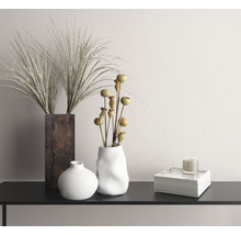 Dekorative Anordnung mit Vasen, Pflanzen und Büchern auf einem schwarzen Tisch