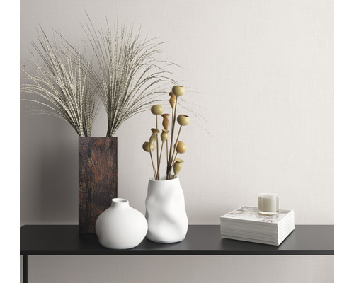 Dekorative Anordnung mit Vasen, Pflanzen und Büchern auf einem schwarzen Tisch