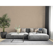 Wohnzimmer mit grauem Sofa, Couchtisch, Teppich und Zimmerpflanze