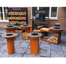 Scène d''extérieur avec divers braseros Tiger Fire, des étagères de rangement pour le bois et des accessoires de barbecue sur une terrasse