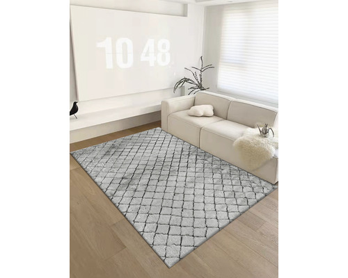 Modernes Wohnzimmer mit Sofa und grauem Teppich im Pflasterstein-Design
